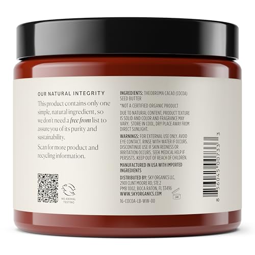 Sky Organics Cocoa Butter for Body, 100% Raw & Unrefined Ultra-Moisturizing Butter to Deeply Hydrate & Condition Skin, Promotes Smooth Skin Tone & Texture, Suitable for Tight or Extra Dry Skin, 16 Oz. - Image 4