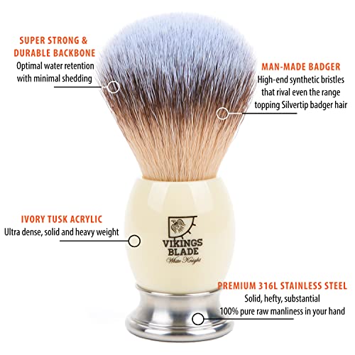Luxury Shaving Brush for Men by VIKINGS BLADE, Ultra Heavy Acrylic & 316L Steel Handle, Super Strong Knot Backbone, Minimal Shedding, Fast Lather, Extremely Smooth & Plush on Skin (White Knight) - Image 2