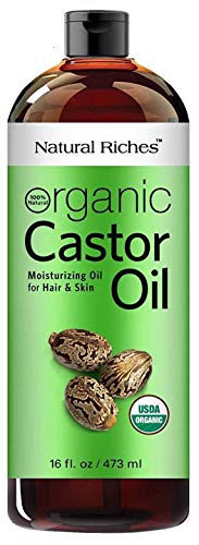 Natural Riches Organic Castor Oil - Cold Pressed, USDA Certified for Hair Growth, Thicker Eyelashes, Eyebrows - Moisturizes Dry Skin and Hair, Helps with Dandruff - Hexane-Free, 16 fl. oz.