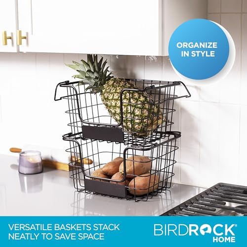 BIRDROCK HOME Stacking Wire Market Basket w/Chalk Label - Metal Storage Bin - Kitchen Counter, Pantry Cabinet, Shelves | Fruit, Vegetables, Bread, Onions, Potatoes & Snack - Metallic Black - Set of 2 - Image 2