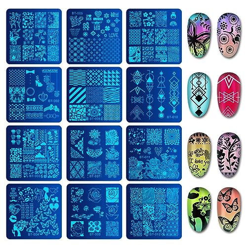 Biutee Nail Stamping Plates Set 12pcs Nail Plates 1stamper 1scraper 1storage Bag Nail Plate Template Image Plate Stencil Nails Tool (C) - Image 3