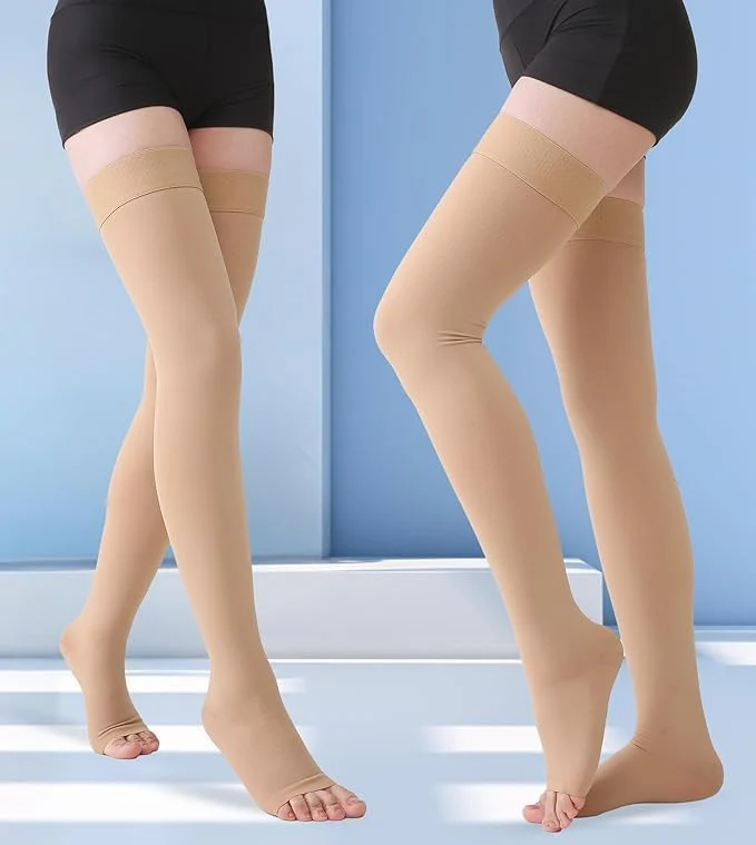 MGANG Medical Thigh High Compression Stockings for Men & Women, Pair, Open Toe, 20-30 mmHg Graduated Compression Support Hose, Opaque, Best for Varicose Veins, Edema, Flight, DVT, Swelling, Beige XXL - Image 6
