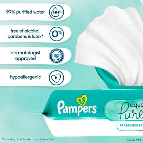 Pampers Baby Wipes Aqua Pure, 99% water-based wipes, Hypoallergenic and Unscented Infant Wipe, 448 Total (8 Flip-Top Packs) - Image 3