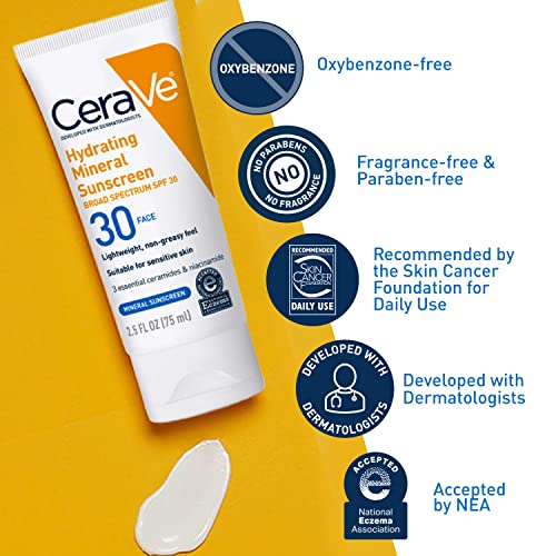CeraVe 100% Mineral Sunscreen SPF 30, Face sunscreen With Zinc Oxide & Titanium Dioxide, Hyaluronic Acid + Niacinamide + Ceramides, Oil Free, Travel Size 2.5 oz - Image 3