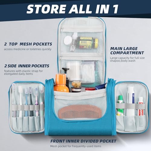 Buruis Large Capacity Toiletry Bag for Women and Men, Hanging Toiletry Organizer Cosmetics Makeup Bag, Water-resistant Dopp kit Shaving Bag for Full Sized Toiletries, Travel Essentials (Light Blue) - Image 2