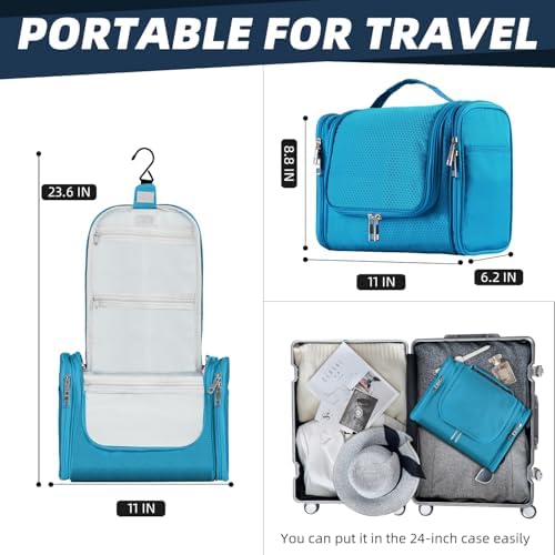 Buruis Large Capacity Toiletry Bag for Women and Men, Hanging Toiletry Organizer Cosmetics Makeup Bag, Water-resistant Dopp kit Shaving Bag for Full Sized Toiletries, Travel Essentials (Light Blue) - Image 3