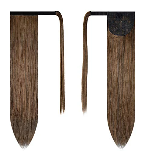 BARSDAR Straight Ponytail Extension - 24 Inch Long Straight Wrap Around Ponytail for Women Clip in Ponytail Extensions Synthetic Brown Pony Tails Hairpieces Daily - Darkest Brown mix Auburn - Image 2