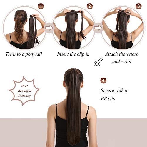 BARSDAR Straight Ponytail Extension - 24 Inch Long Straight Wrap Around Ponytail for Women Clip in Ponytail Extensions Synthetic Brown Pony Tails Hairpieces Daily - Darkest Brown mix Auburn - Image 4
