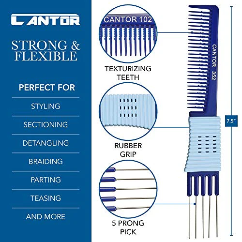 Lift Teasing Comb and Hair Pick – 5 Pack, Five Stainless Still Lifts - Chemical and Heat Resistant Detangler Gripper Comb – Anti Static Comb For All Hair Types – By Cantor - Image 2