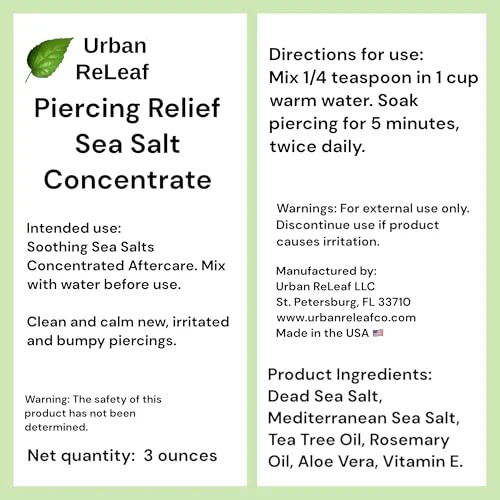 Urban ReLeaf PIERCING RELIEF Sea Salt Concentrate AFTERCARE ! Safely Clean, Soothe & Gently Calm New Irritated & Keloid Bump Piercings. Effective NON-iodized Dead Sea Salt, Tea Tree Rosemary - Image 7