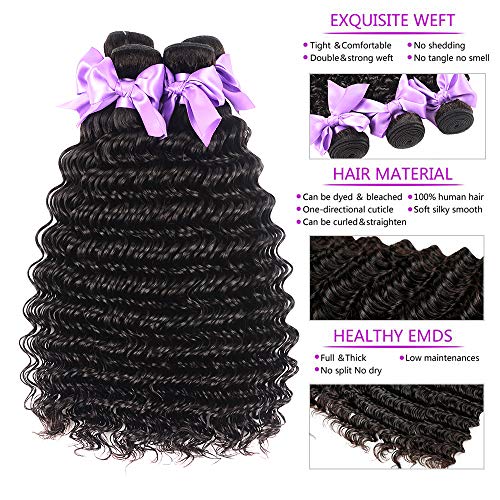 Brazilian Hair Deep Wave 3 Bundles with Frontal 13x4 Free Part Lace Frontal 100% Virgin Human Hair Bundles Brazilian Hair Extensions Natural Black Color (16 18 20+14) - Image 3