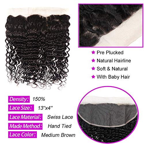 Brazilian Hair Deep Wave 3 Bundles with Frontal 13x4 Free Part Lace Frontal 100% Virgin Human Hair Bundles Brazilian Hair Extensions Natural Black Color (16 18 20+14) - Image 4