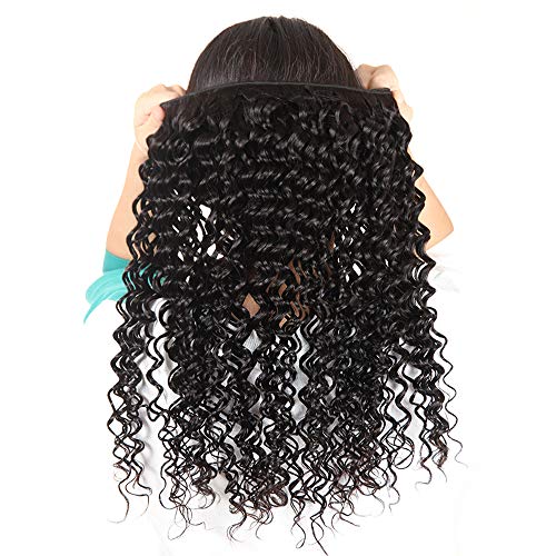 Brazilian Hair Deep Wave 3 Bundles with Frontal 13x4 Free Part Lace Frontal 100% Virgin Human Hair Bundles Brazilian Hair Extensions Natural Black Color (16 18 20+14) - Image 7