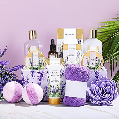 Spa Gift Basket, Spa Luxetique Lavender Spa Kit for Women - 12 Pcs Lavender Scented Spa Gift Set, Home Spa Set with Essential Oil, Bubble Bath, Bath Salts, Body Scrub, Mothers Day Gifts for Mom - Image 2