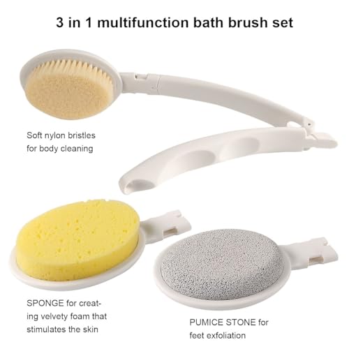 LFJ 3 in 1 Bath Sponge Brush Set for Shower, 19" Long Handled Shower Brush, Shower Sponge and Pumice Gentle Exfoliation and Improved Skin Health, Suitable for Men and Women (White with Soft Brush) - Image 4