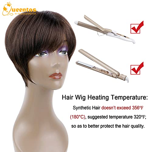 QUEENTAS Short Brown Pixie Cut Wig with Bangs Layered Straight Heat Resistant Synthetic Short Hair Hair Wigs for White and Black Women Daily Use (Black Cherry) - Image 4