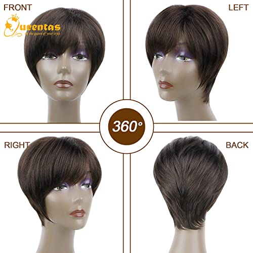 QUEENTAS Short Brown Pixie Cut Wig with Bangs Layered Straight Heat Resistant Synthetic Short Hair Hair Wigs for White and Black Women Daily Use (Black Cherry) - Image 6