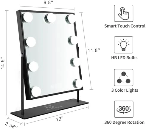 FENCHILIN Hollywood Mirror with Light Lighted Makeup Mirror Vanity Makeup Mirror Smart Touch Control 3 Colors Dimable Light Detachable 10X Magnification 360°Rotation(Black) - Image 2