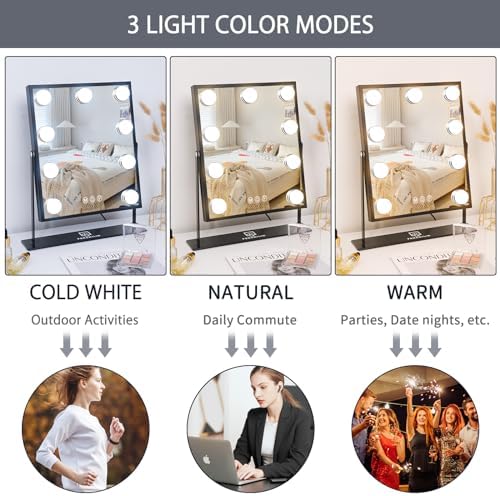 FENCHILIN Hollywood Mirror with Light Lighted Makeup Mirror Vanity Makeup Mirror Smart Touch Control 3 Colors Dimable Light Detachable 10X Magnification 360°Rotation(Black) - Image 3