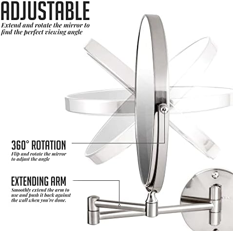 OVENTE 9" Wall Mounted Makeup Mirror with 1X/7X Magnification, Double Sided Magnifying Round Bathroom Vanity Mirror, 360° Swivel Design, Extendable and Folding Arm, Polished Chrome MNLFW90CH1X7X - Image 3