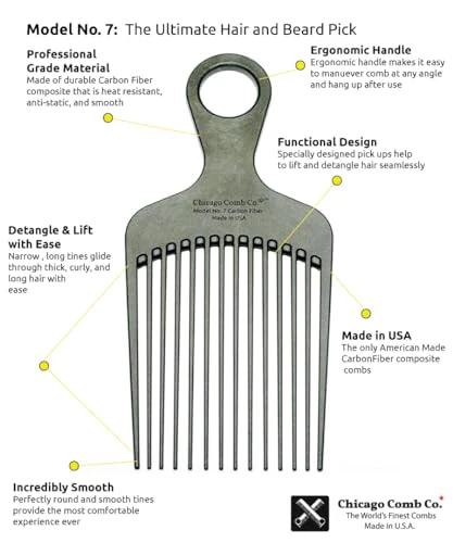 Chicago Comb Model 7 Carbon Fiber Pick Comb, for Long Thick Curly & Afro Hair Styles, Black Color, 6 inches (15 cm) - Image 8