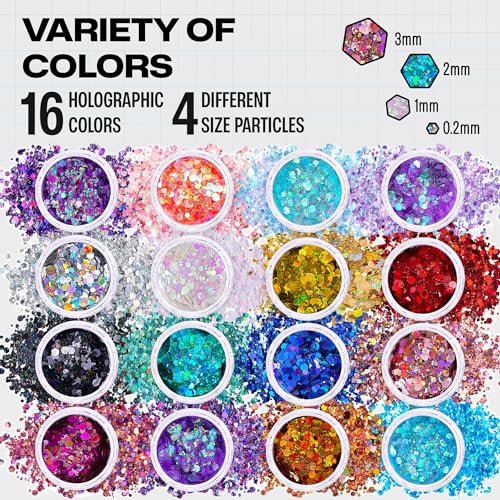 Chunky Holographic Body Glitter I 16 Colors + Glitter Glue for Face Glitter Makeup, Hair, Eye & Fine Glitter Eyeshadow - Perfect for Halloween, Slime, Resin, Tumblers, Craft, Cosmetic & Nail Art - Image 3