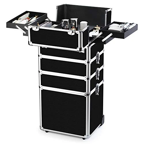 OUDMAY Makeup Train Case 4 in 1 Professional Cosmetics Rolling Organizer Aluminum Frame and Folding Trays - Image 3