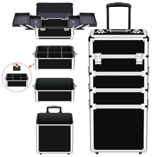 OUDMAY Makeup Train Case 4 in 1 Professional Cosmetics Rolling Organizer Aluminum Frame and Folding Trays - Image 4
