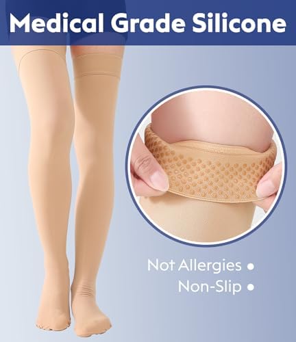 Thigh High Compression Stockings Closed Toe for Men & Women, Opaque, KEKING 15-20mmHg Graduated Compression Leg Support Hose with Silicone Band - Swelling, Varicose Veins, Edema, DVT, Beige Large - Image 2