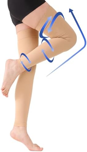 KEKING® Thigh High Compression Stockings Footless, Unisex, 15-20mmHg Leg Support Compression Sleeves with Anti-Slip Silicone Band, Opaque, Treatment Swelling, Varicose Veins, Edema, DVT, Beige Large
