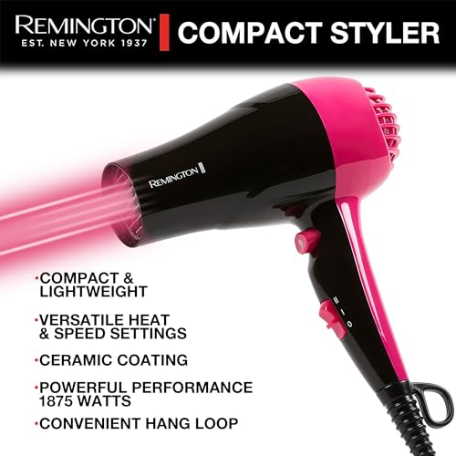 Remington Compact Styler - Small & Portable Hair Dryer - Ceramic Blow Dryer with 2 Heat/Speed Settings & Cool Shot Button for Smooth Finish - Travel Size Lightweight Handheld Dryer, 1875W - Image 2
