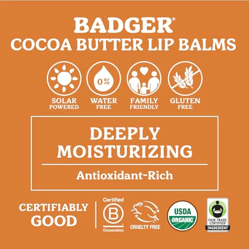 Badger - Cocoa Butter Lip Balm, Sweet Orange, Certified Organic Lip Balm, Fair Trade, Lip Butter, Lip Balm Cocoa Butter, Cocoa Care Lip Balm, 0.25 oz (4 Pack) - Image 3