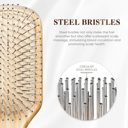 BFWood Bamboo Hair Brush with Steel Bristles, Help Hair Growth and Massaging Scalp - Image 2