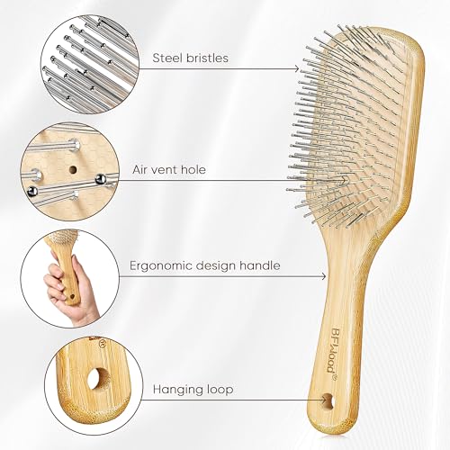 BFWood Bamboo Hair Brush with Steel Bristles, Help Hair Growth and Massaging Scalp - Image 3