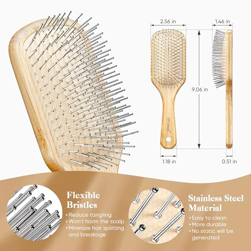 BFWood Bamboo Hair Brush with Steel Bristles, Help Hair Growth and Massaging Scalp - Image 4