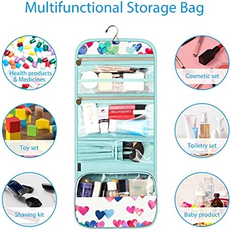 Fintie Portable Toiletry Cosmetic Travel Bag, Large Water Resistant Hanging Makeup Organizer Storage Pouch Case for Women Girls (Raining Hearts) - Image 5