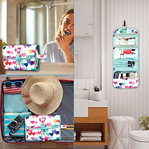 Fintie Portable Toiletry Cosmetic Travel Bag, Large Water Resistant Hanging Makeup Organizer Storage Pouch Case for Women Girls (Raining Hearts) - Image 6