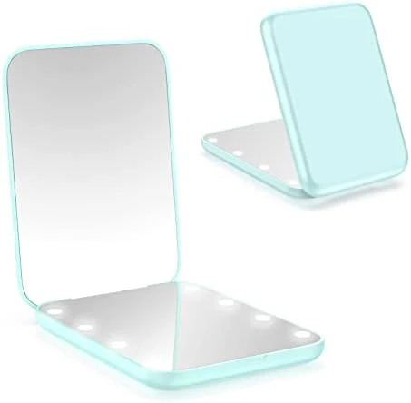 wobsion Small Mirror with Lights,LED Compact Makeup Mirror,1x/3x Mini Travel Mirror with Magnification,Portable Hand Held Mirror for Purse,Pocket,Gifts for Girls,Cyan