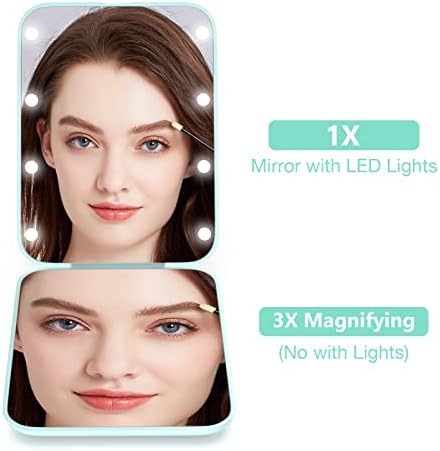 wobsion Small Mirror with Lights,LED Compact Makeup Mirror,1x/3x Mini Travel Mirror with Magnification,Portable Hand Held Mirror for Purse,Pocket,Gifts for Girls,Cyan - Image 2