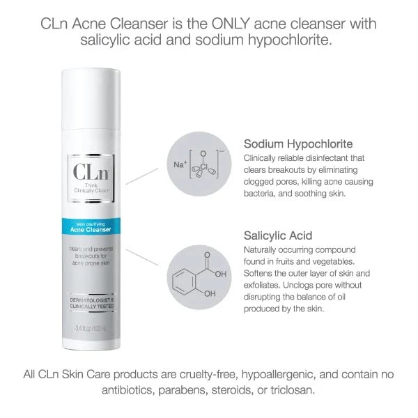 CLn® Acne Cleanser-Facial Cleanser with 0.5% Salicylic Acid to Eliminate Blackheads & Breakouts, Oil-Free & Fragrance-Free, 3.4 fl. oz. - Image 5