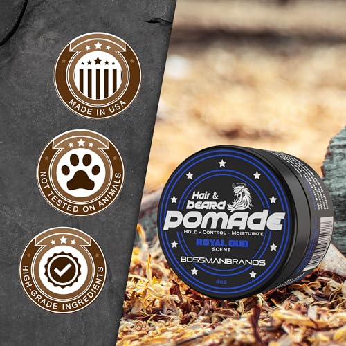 Bossman Hair & Beard Pomade - All Day Hold, Control and Moisturizing Hair, Beard and Moustache Styling Product - Natural Strong Hold Pomade - Made in USA (Royal Oud Scent) - Image 6
