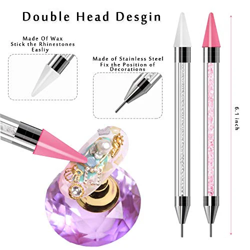 2 Pieces Nail Rhinestone Picker Dual-Ended DIY Nail Art Dotting Tool Wax Pen Acrylic Handle with Extra 2 Wax Head & Storage Case, for Crystal AB Rhinestones, Nail Art, Diamond Painting - Image 3
