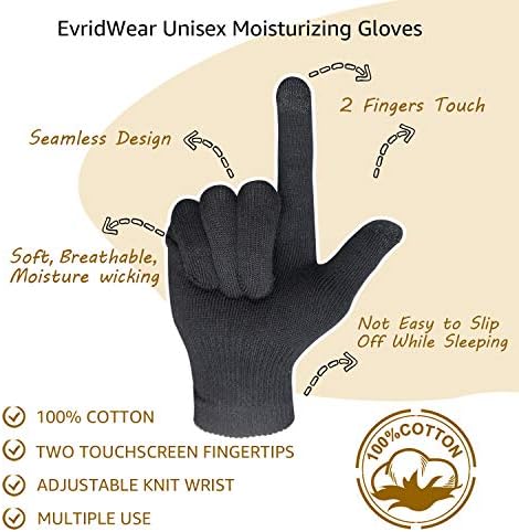 Evridwear Men Moisturizing Cotton Gloves with Touchscreen Fingertips for Eczema Beauty Cosmetic Dry Hands Sensitive Irritated Skin Therapy Overnight Bedtime, 6 Pairs, Lightweight-Black, L/XL - Image 4
