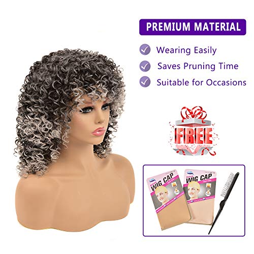 YEAME Curly Wigs for White Women - Kinky Curly Afro Wig with Bangs Ombre Gray Color Synthetic Mixed Wigs with 1 Wig Comb and 4pcs Wig Caps - Image 2
