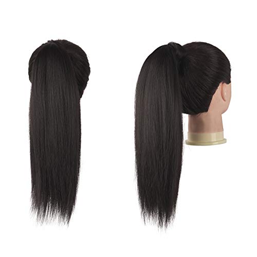 FESHFEN Straight Ponytail Extensions Long Drawstring Natural Synthetic Pony Tail Hair Pieces Clip in Ponytails Hairpieces for Women, Black Brown 14 inch - Image 3