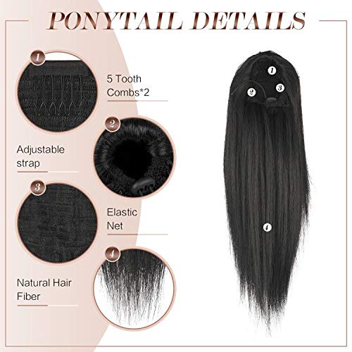 FESHFEN Straight Ponytail Extensions Long Drawstring Natural Synthetic Pony Tail Hair Pieces Clip in Ponytails Hairpieces for Women, Black Brown 14 inch - Image 4