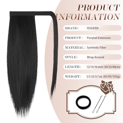 FESHFEN Straight Ponytail Extensions Long Drawstring Natural Synthetic Pony Tail Hair Pieces Clip in Ponytails Hairpieces for Women, Black Brown 14 inch - Image 5