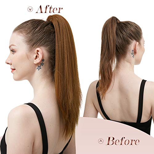 FESHFEN Straight Ponytail Extensions Long Drawstring Natural Synthetic Pony Tail Hair Pieces Clip in Ponytails Hairpieces for Women, Black Brown 14 inch - Image 7