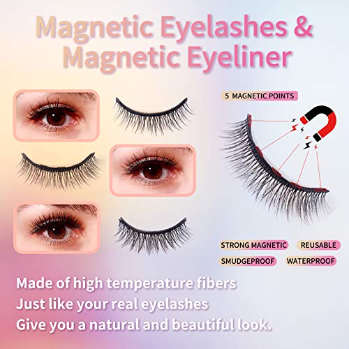 Natural Magnetic Eyelashes with Eyeliner,3 Pairs Natural Look False Lashes Kit,3D Short Magnetic Eyelash Set - No Glue Needed - Image 4
