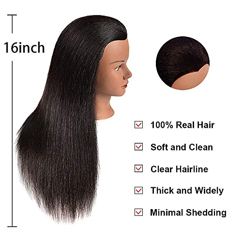 Mannequin Head 100% Real Hair for Cosmetology Manikin 16 Inch Doll Head Hairdresser Hairstylist Training Practice Styling Braiding Styling Curling Coiling Display Cosmetology with Stand - Image 2
